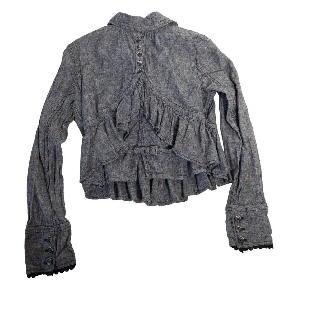 Free People XS Gray Ruffled Peplum Jacket Linen Cotton Blend Indie Rock Twee - Picture 2 of 9